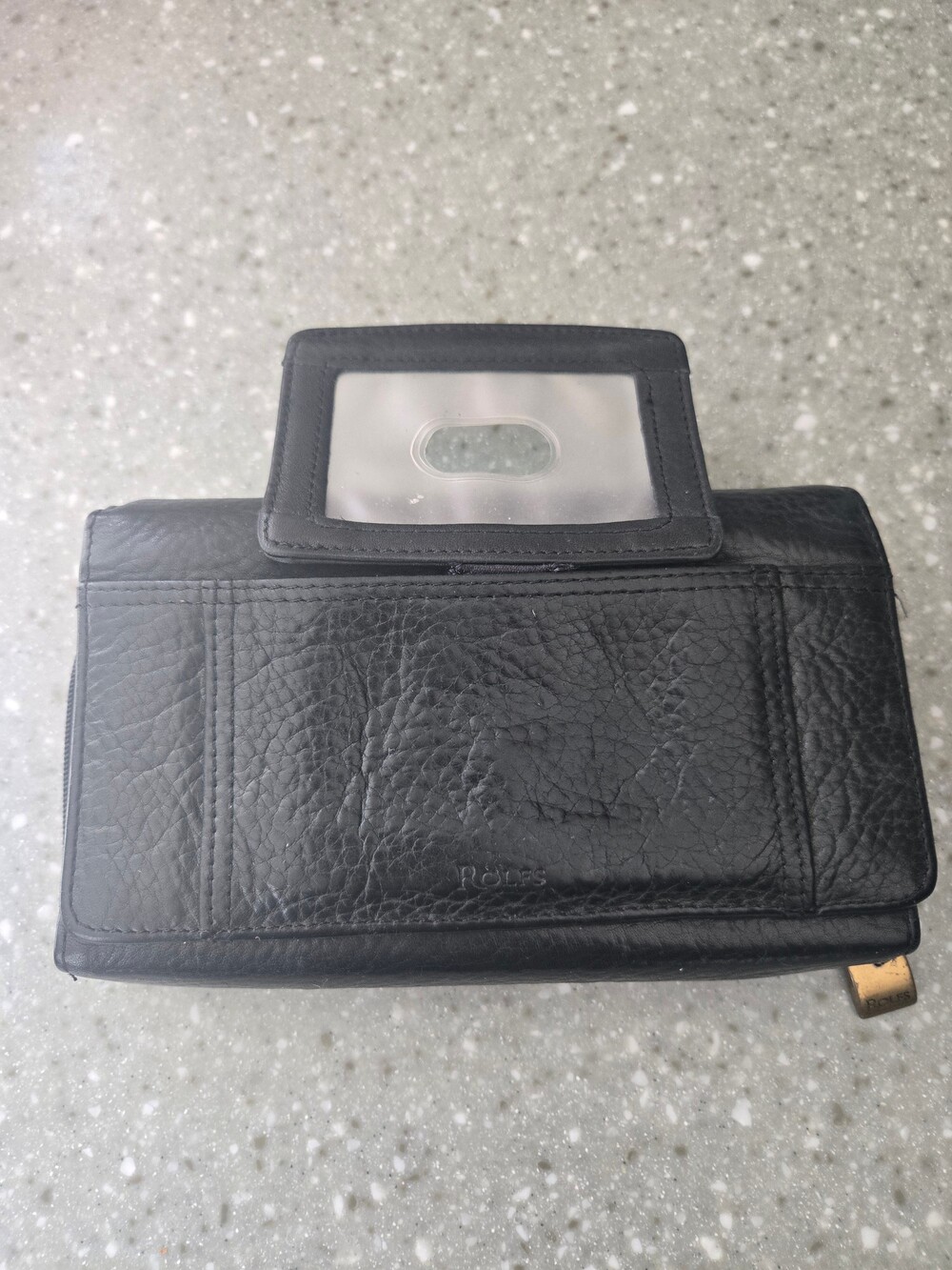 Rolfs Black Leather Wallet with ID Window and Gold-Tone Zipper Pull